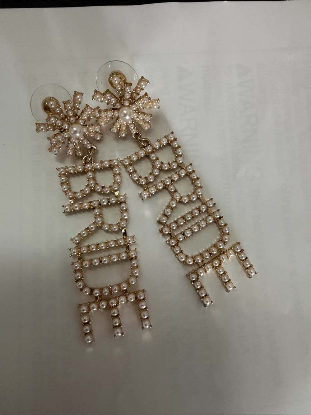 Pearl-Embellished Gold Tone 'BRIDE' Drop Earrings